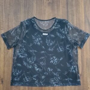 90s/Y2K Bentley Floral Black Sheer Short Sleeve Top